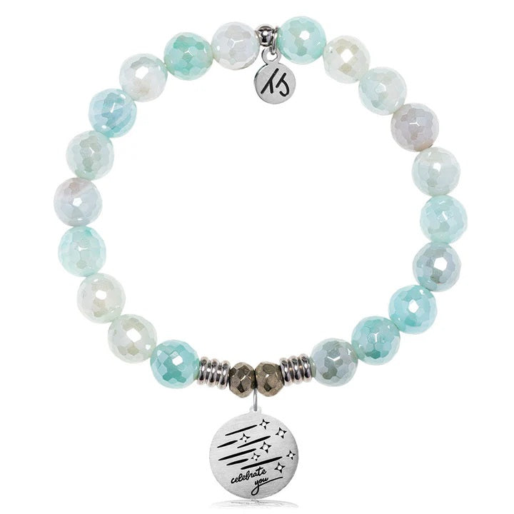 Aqua Agate Gemstone Bracelet with Birthday Wishes Sterling Silver Charm