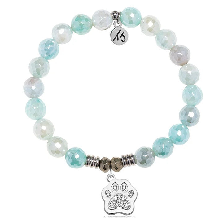 Aqua Agate Gemstone Bracelet with Paw CZ Sterling Silver Charm