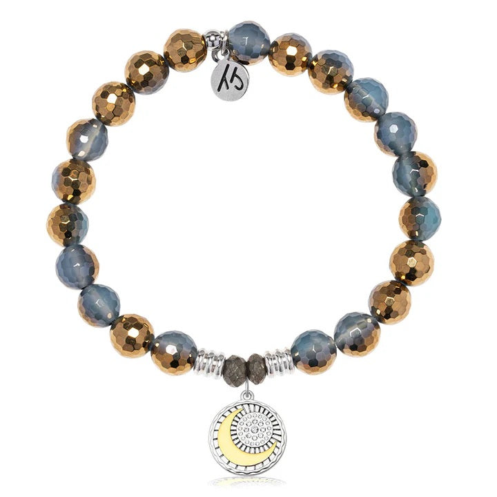 Blue Gold Agate Gemstone Bracelet with Radiant Soul Sterling Silver Charm