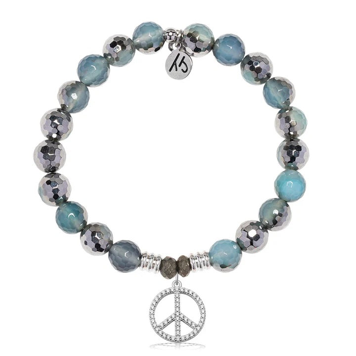 Blue Silver Agate Gemstone Bracelet with Peace CZ Sterling Silver Charm