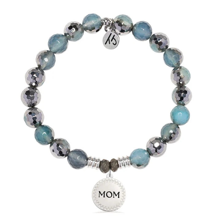 Blue Silver Agate Gemstone Bracelet with Endless Love Mom Sterling Silver Charm
