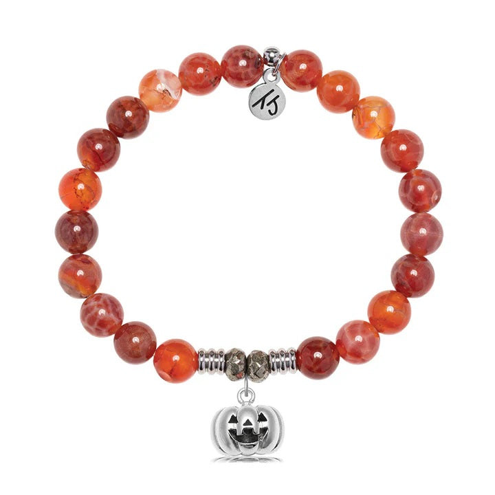 Orange Fire Agate Gemstone Bracelet with Jack O'Lantern Sterling Silver Charm