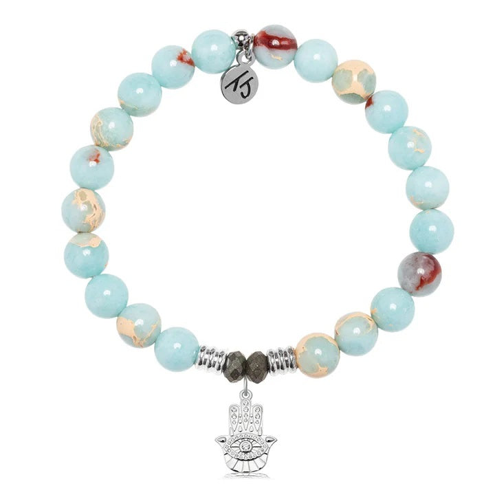 Snakeskin Jasper Gemstone Bracelet with Hamsa CZ Sterling Silver Charm