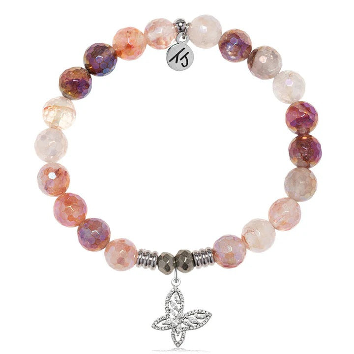 Strawberry Quartz Gemstone Bracelet with Butterfly CZ Sterling Silver Charm