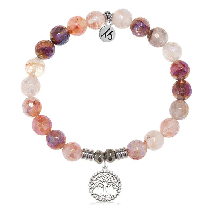 Strawberry Quartz Gemstone Bracelet with Family Tree Sterling Silver Charm