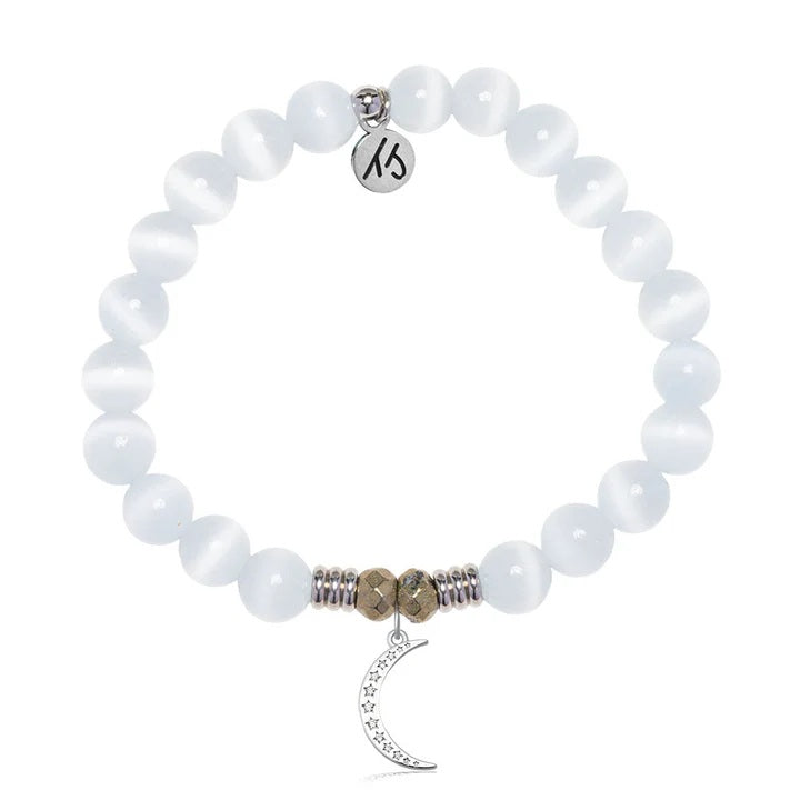 White Cats Eye Gemstone Bracelet with Friendship Moon Sterling Silver Charm