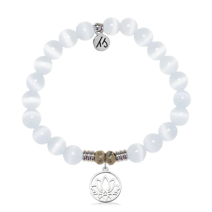 White Cats Eye Gemstone Bracelet with Resilience Sterling Silver Charm