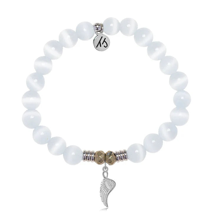 White Cats Eye Gemstone Bracelet with Angel Blessings Sterling Silver Charm