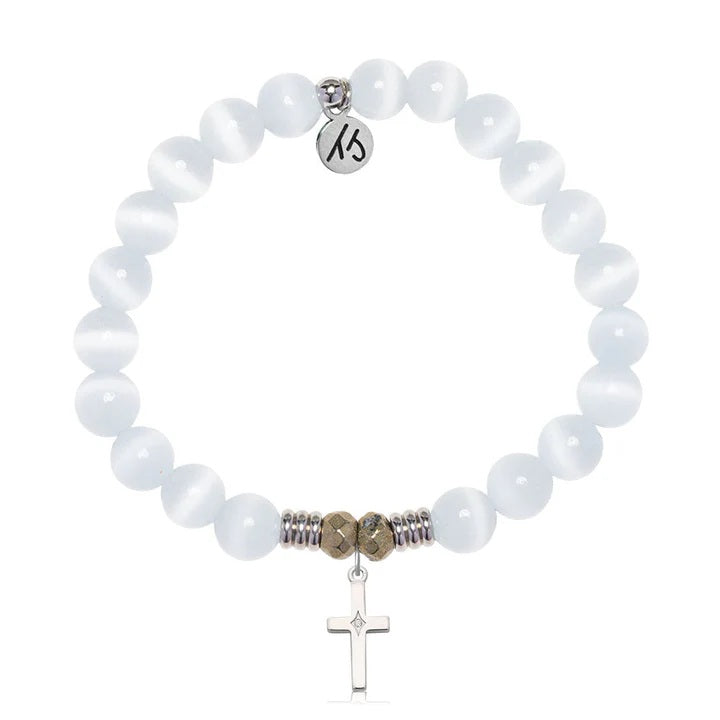 White Cats Eye Gemstone Bracelet with Cross CZ Sterling Silver Charm