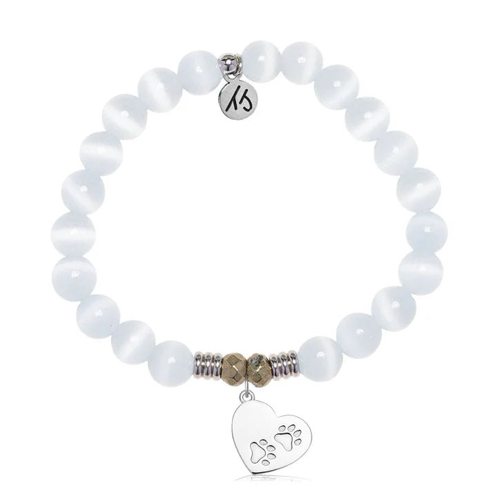 White Cats Eye Gemstone Bracelet with Paws of Love Sterling Silver Charm
