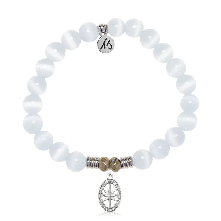 White Cats Eye Gemstone Bracelet with Unstoppable Sterling Silver Charm