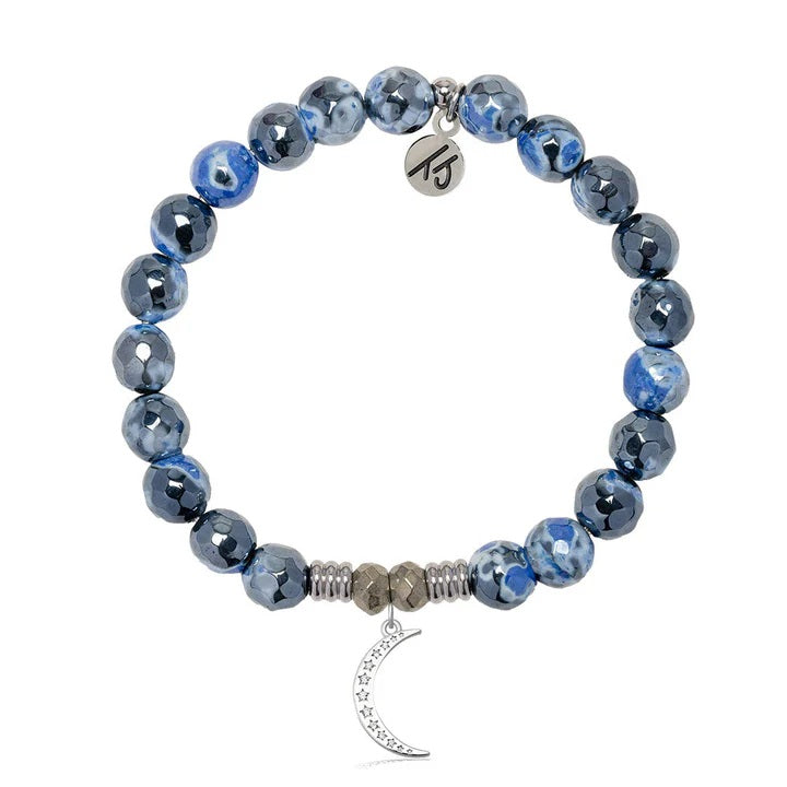 Denim Blue Agate Gemstone Bracelet with Friendship Moon Sterling Silver Charm