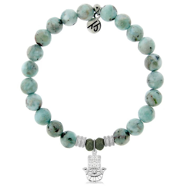 Larimar Gemstone Bracelet with Hamsa CZ Sterling Silver Charm