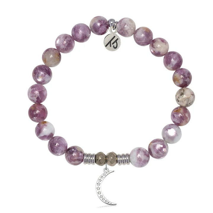 Lepidolite Quartz Gemstone Bracelet with Friendship Moon Sterling Silver Charm