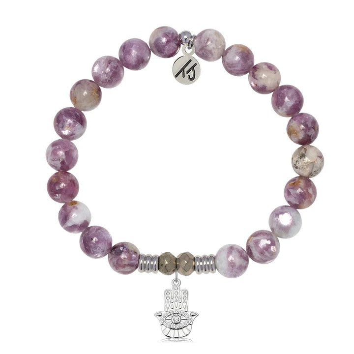 Lepidolite Quartz Gemstone Bracelet with Hamsa CZ Sterling Silver Charm