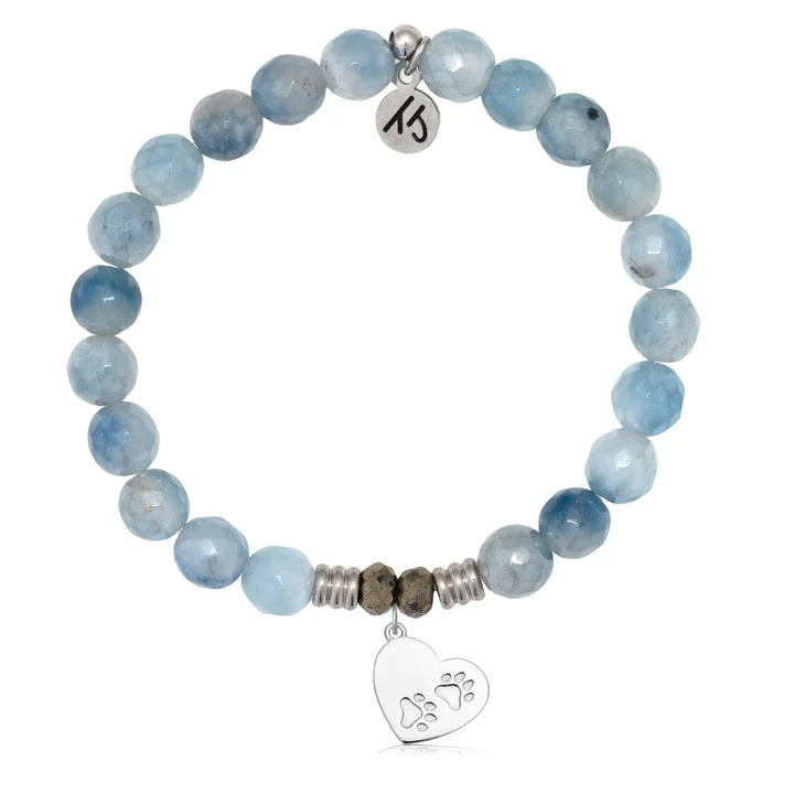 Aquamarine Jade Gemstone Bracelet with Paws of Love Sterling Silver Charm