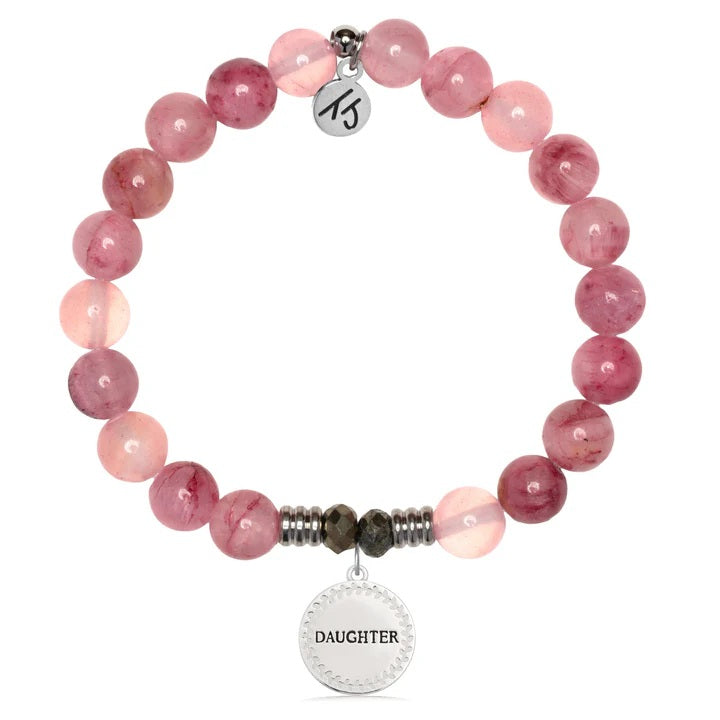 Pink Chalcedony Gemstone Bracelet with Endless Love Daughter Sterling Silver Charm
