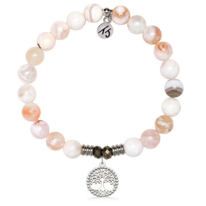 White Natural Agate Gemstone Bracelet with Family Tree Sterling Silver Charm