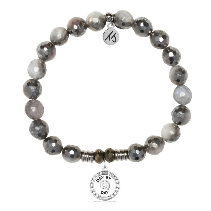 Silver Dipped White Moonstone Gemstone Bracelet with Day by Day Sterling Silver Charm