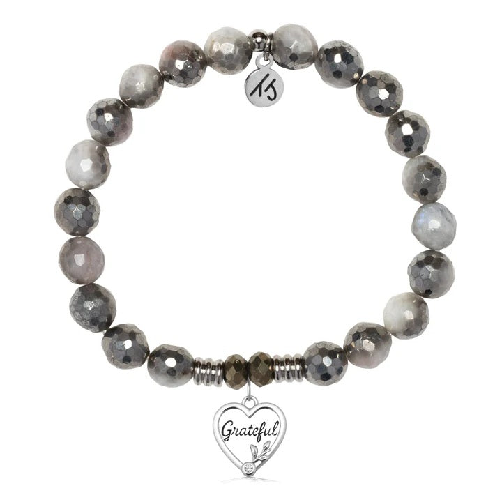Silver Dipped White Moonstone Gemstone Bracelet with Grateful Sterling Silver Charm