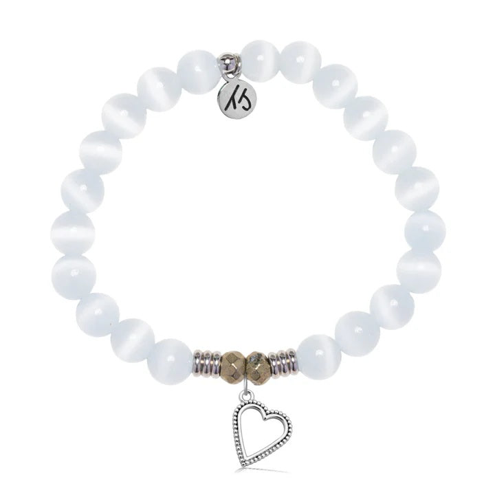 White Cats Eye Gemstone Bracelet with Everlasting Love Sterling Silver Charm