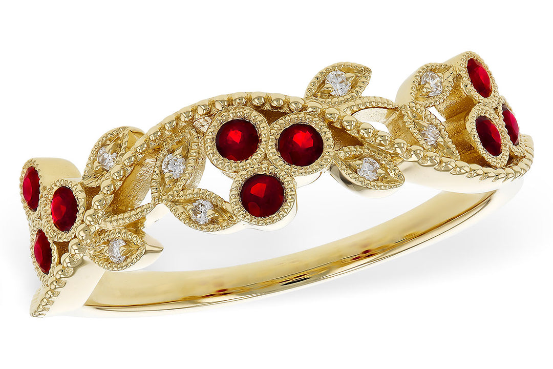 14K Yellow Gold Ruby & Diamond Floral Fashion Ring