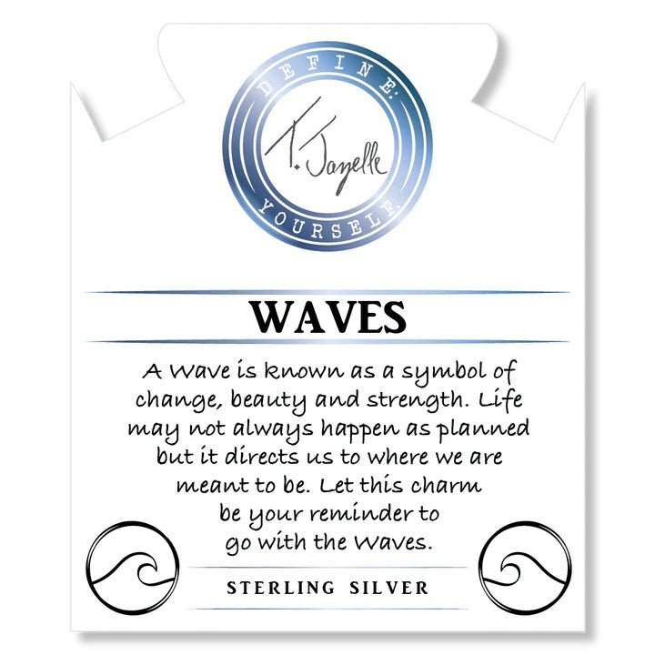 Blue Agate Gemstone Bracelet with Hammered Waves Sterling Silver Charm