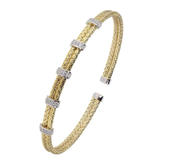 BRACELETS - 2-Tone Double 2mm Sterling Silver Mesh Cuff With CZ