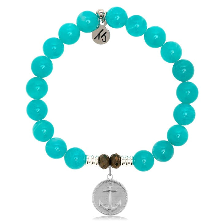 BRACELETS - Aqua Amazonite Stone Bracelet With Anchor Sterling Silver Charm