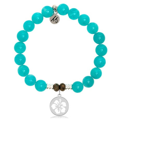 BRACELETS - Aqua Amazonite Stone Bracelet With Hibiscus Sterling Silver Charm