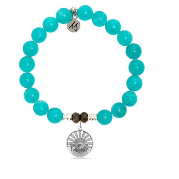 BRACELETS - Aqua Amazonite Stone Bracelet With Wave Sun Sterling Silver Charm