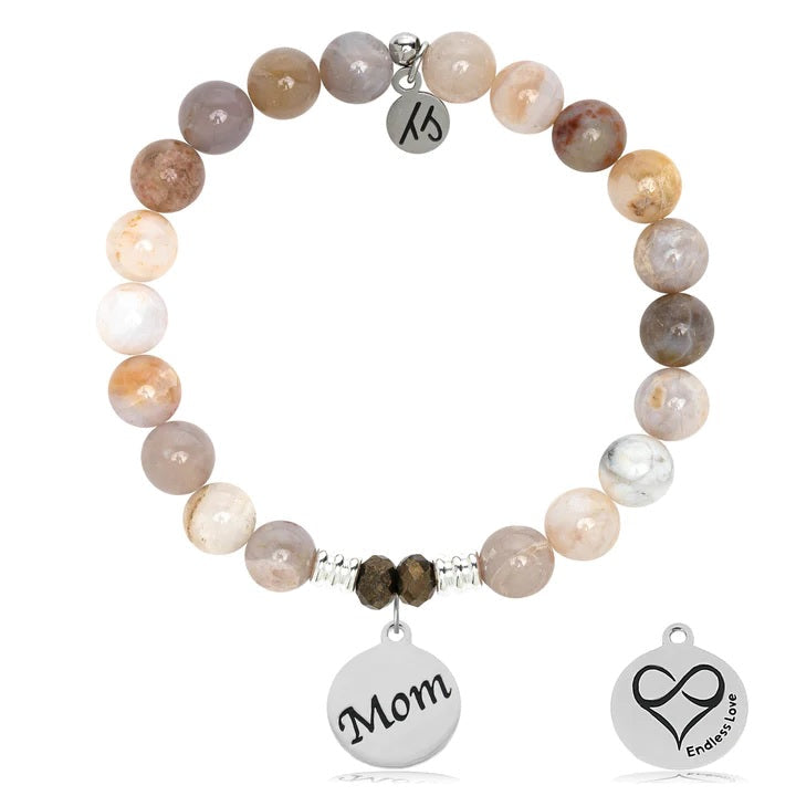 BRACELETS - Australian Agate Gemstone Bracelet With Mom Sterling Silver Charm