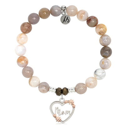 BRACELETS - Australian Agate Stone Bracelet With Heart Mom Sterling Silver Charm