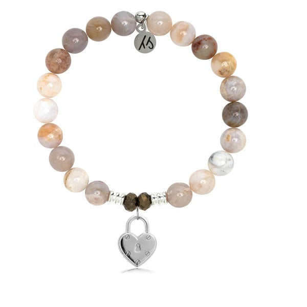 BRACELETS - Australian Agate Stone Bracelet With Love Lock Sterling Silver Charm