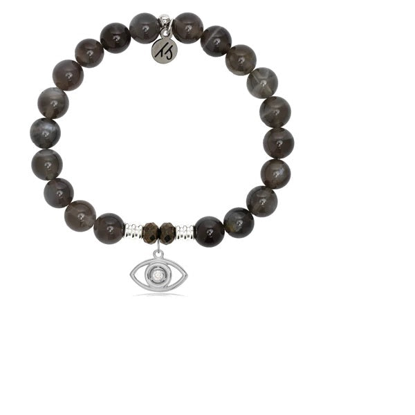 BRACELETS - Black Moonstone Stone Bracelet With Evil Eye Sterling Silver Charm
