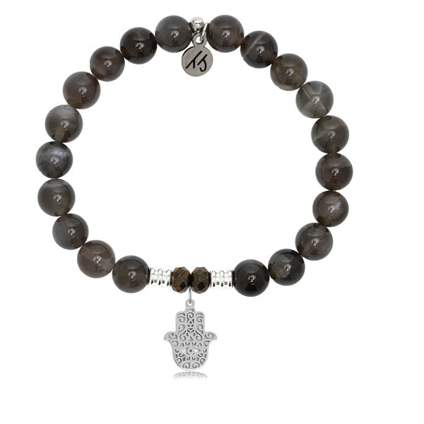 BRACELETS - Black Moonstone Stone Bracelet With Hamsa Sterling Silver Charm