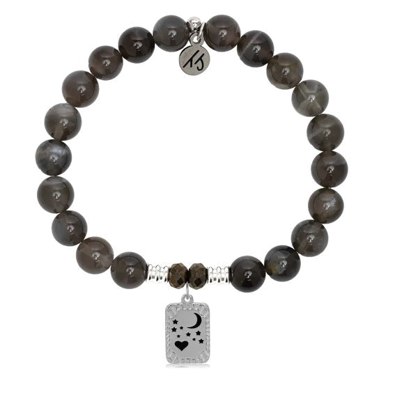 BRACELETS - Black Moonstone Stone Bracelet With Moon & Back Sterling Silver Charm