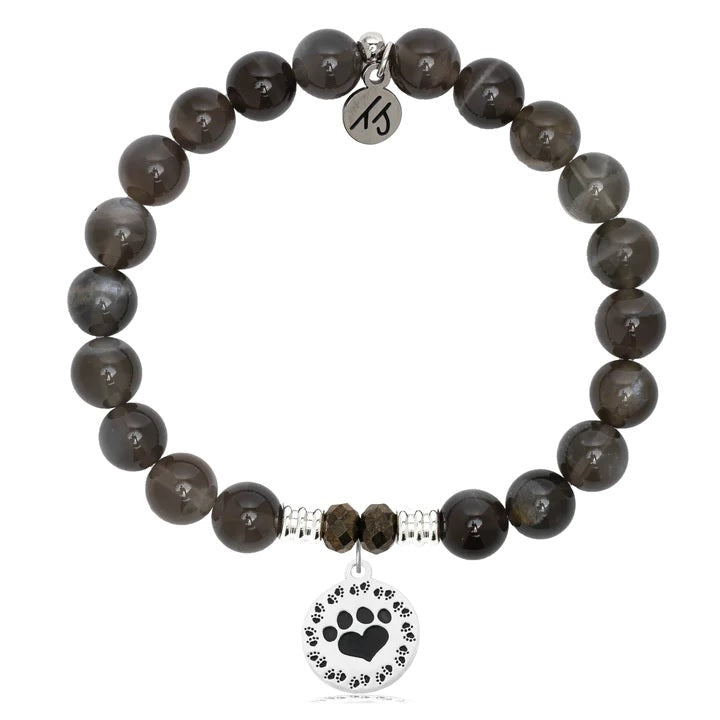 BRACELETS - Black Moonstone Stone Bracelet With Paw Print Sterling Silver Charm