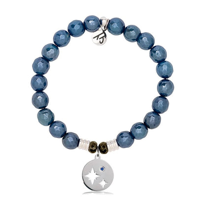 BRACELETS - Blue Agate Gemstone Bracelet With Mother Son Sterling Silver Charm