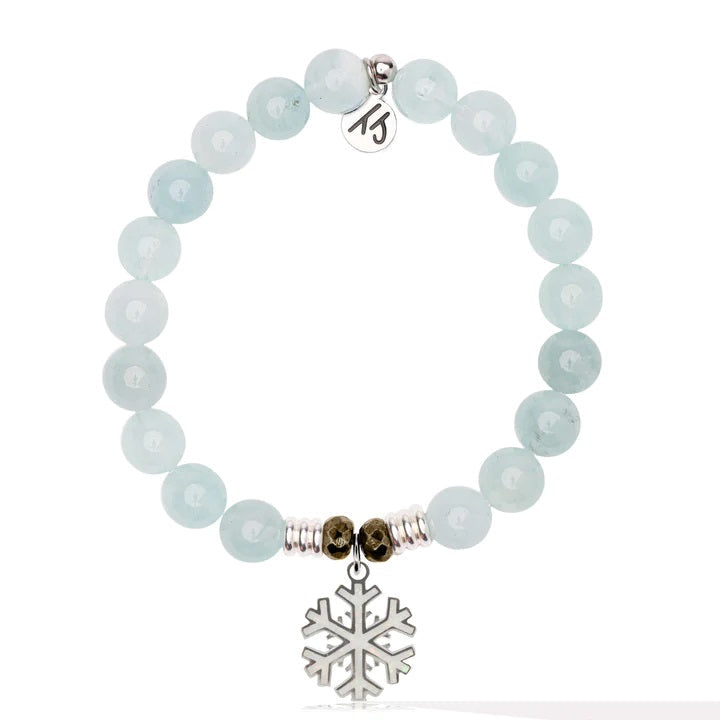 BRACELETS - Blue Aquamarine Gemstone Bracelet With Snowflake Opal Sterling Silver Charm