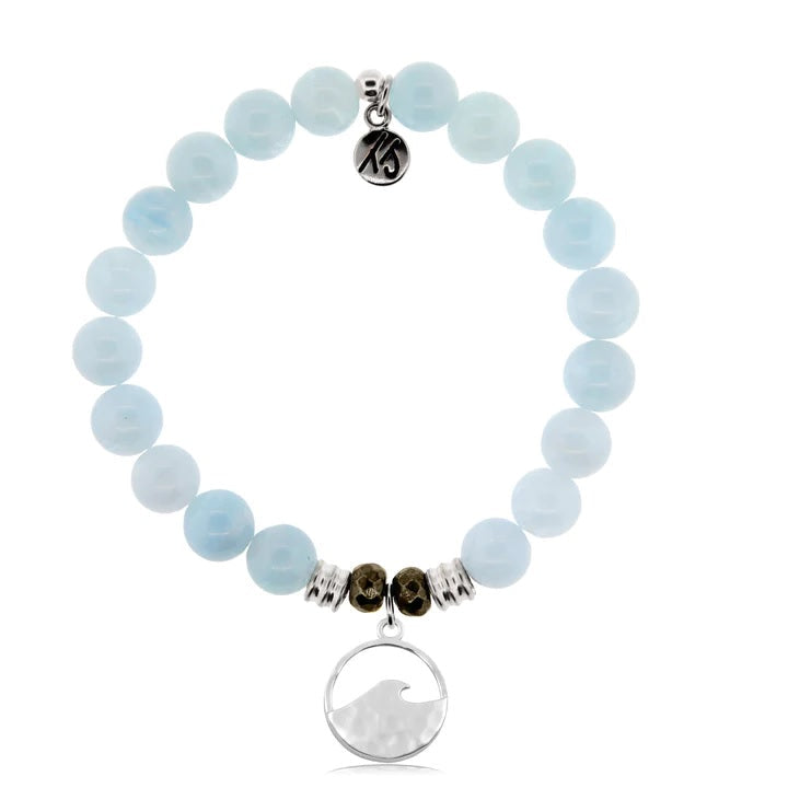 BRACELETS - Blue Aquamarine Stone Bracelet With Waves Silver Charm
