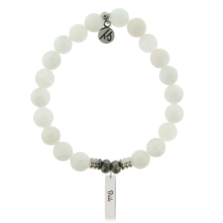 BRACELETS - Bridal Collection: White Moonstone Gemstone Bracelet With Bride Sterling Silver Charm Bar