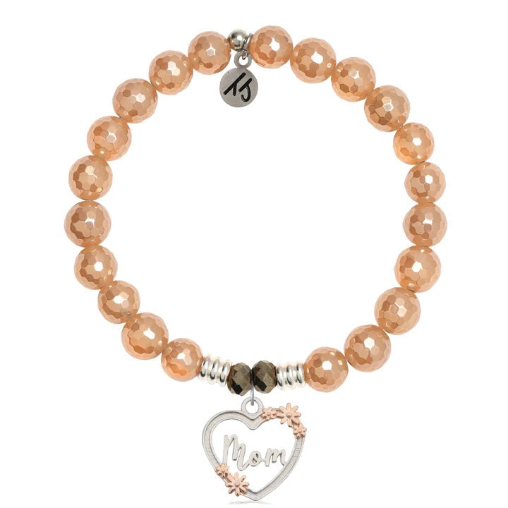 BRACELETS - Champagne Agate Stone Bracelet With Heart Mom Sterling Silver Charm