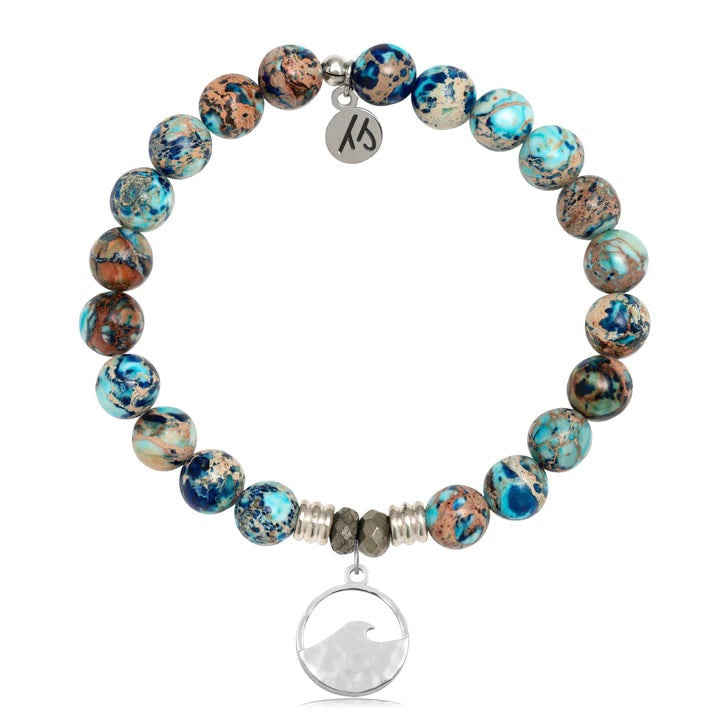 BRACELETS - Earth Jasper Stone Bracelet With Waves Hammered Silver Charm