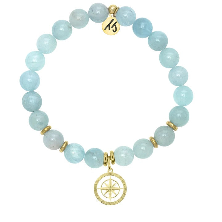 BRACELETS - Gold Collection - Blue Aquamarine Stone Bracelet With Compass Rose Gold Charm