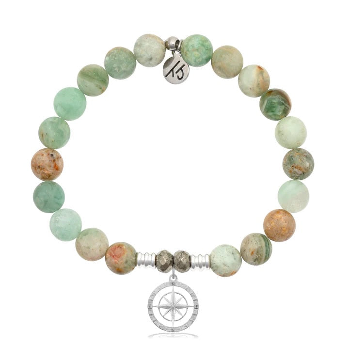 BRACELETS - Green Quartz Stone Bracelet With Compass Rose Sterling Silver Charm
