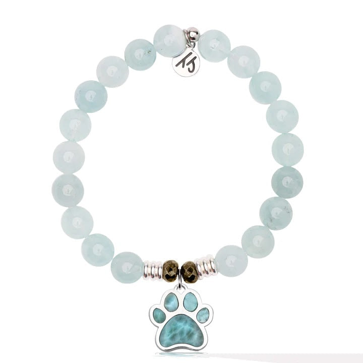 BRACELETS - Larimar Charm Collection: Blue Aquamarine Gemstone Bracelet With Larimar Paw Print Sterling Silver Charm