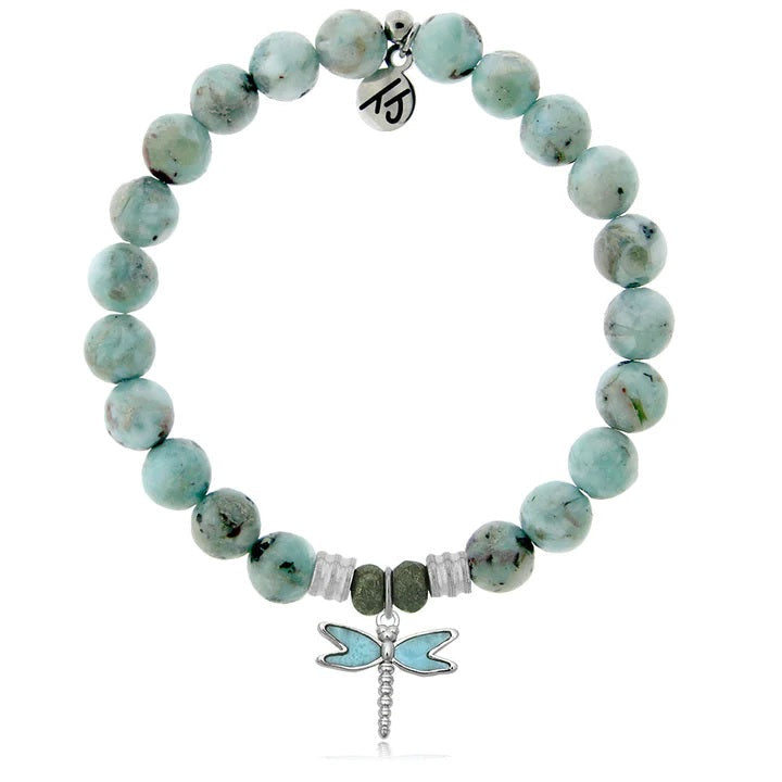BRACELETS - Larimar Charm Collection: Larimar Stone Bracelet With Larimar Dragonfly Sterling Silver Charm