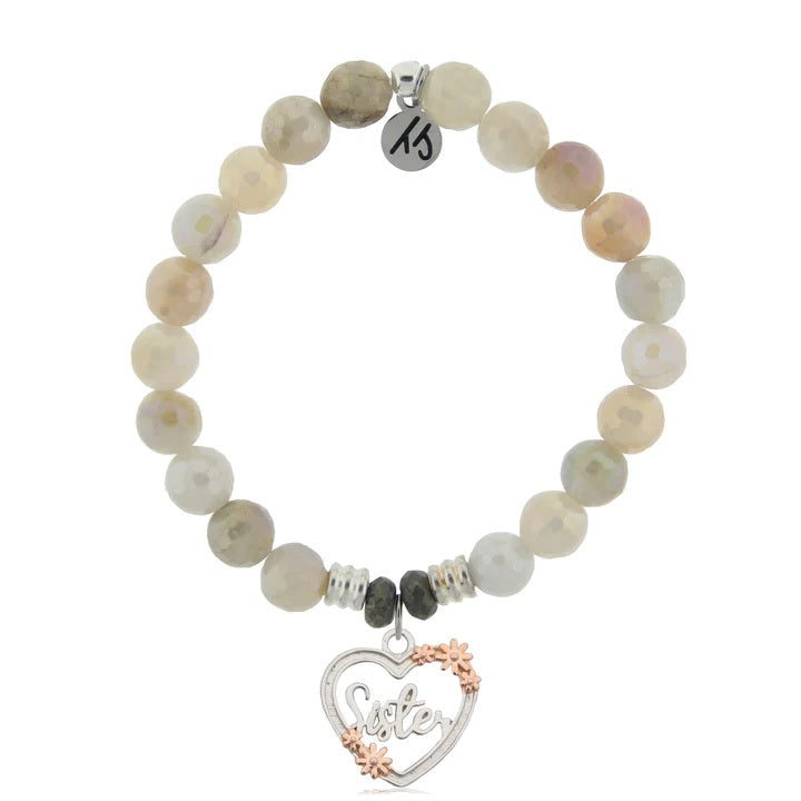 BRACELETS - Moonstone Stone Bracelet With Heart Sister Sterling Silver Charm