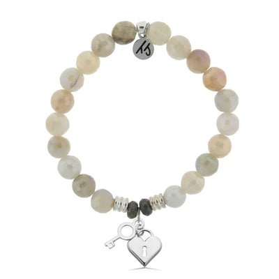 BRACELETS - Moonstone Stone Bracelet With Key To My Heart Sterling Silver Charm